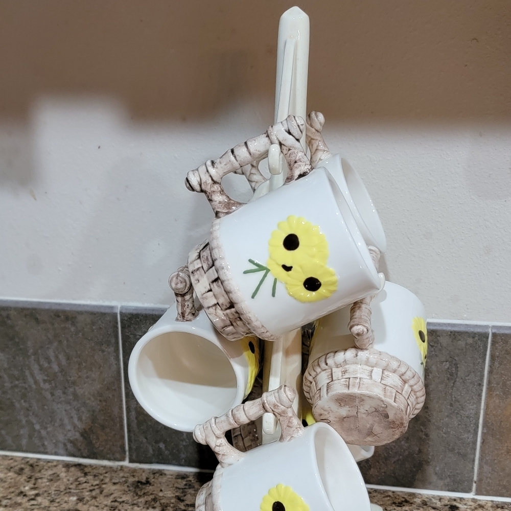 Vintage Daisy Coffee Cup Mug Tree Set Of 6 Home Kitchen Decor Accent - Picture 4 of 16
